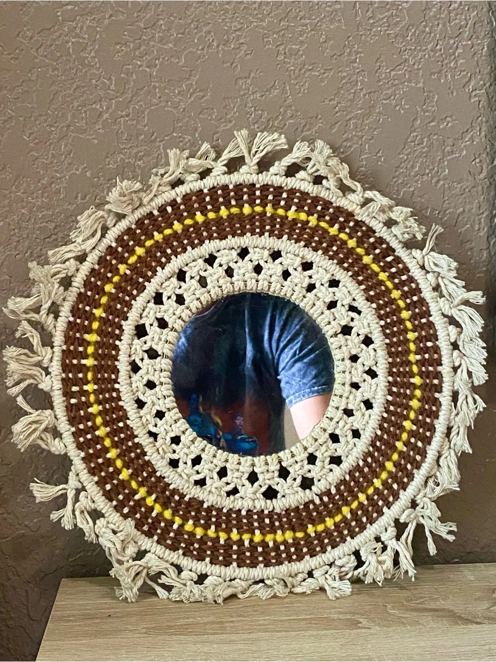 Handmade Macramé Round Wall Mirror in Cream, Brown & Yellow